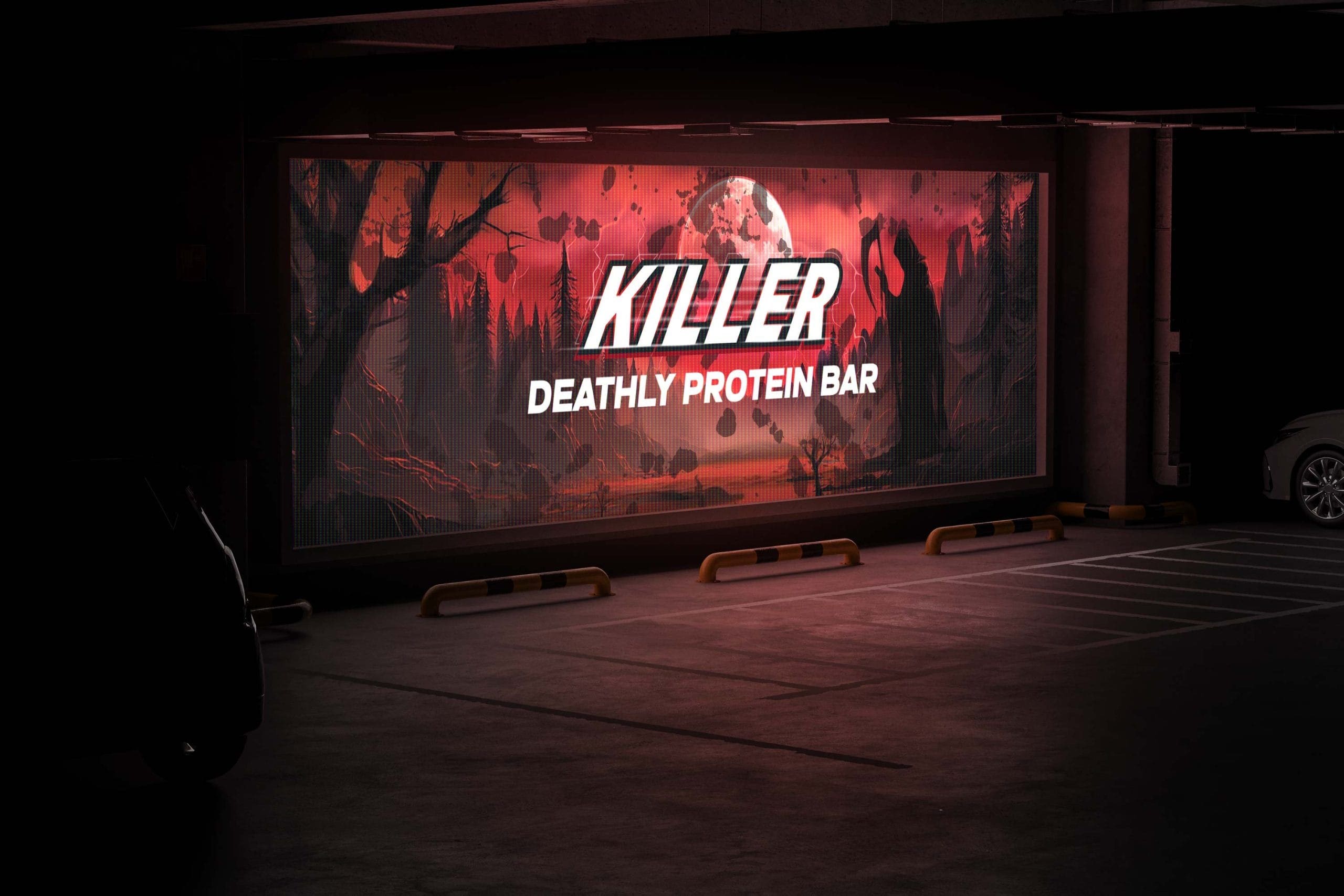 Killer Bar title graphic displayed on a large outdoor screen in a dark urban setting